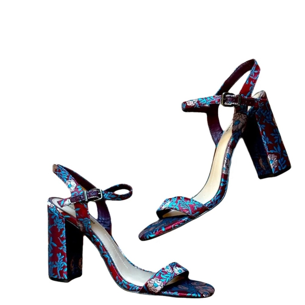 Gianni Bini Mckaria Floral Brocade Print Strappy Block-Heel High Heels 10